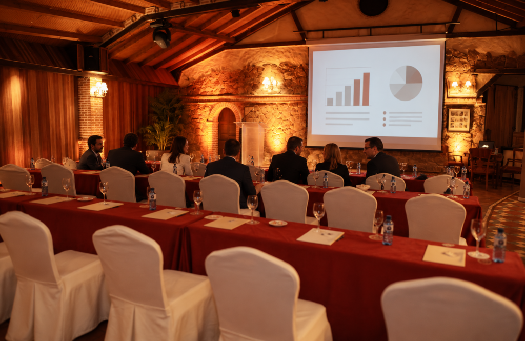 Equipo reducido de profesionales siguiendo una presentación de datos en una sala con iluminación cálida