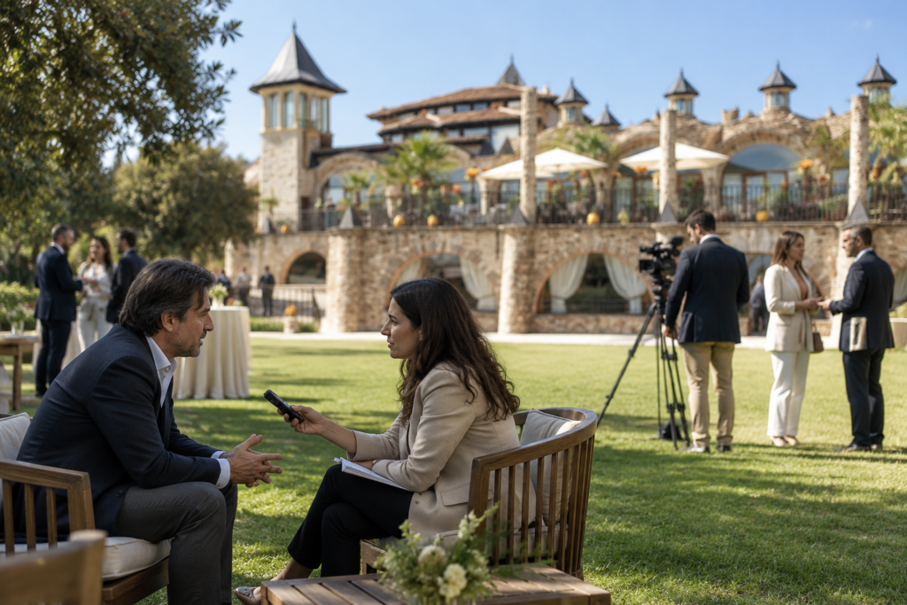 Periodista entrevistando a un portavoz de marca en el jardín de la finca al terminar una presentación privada