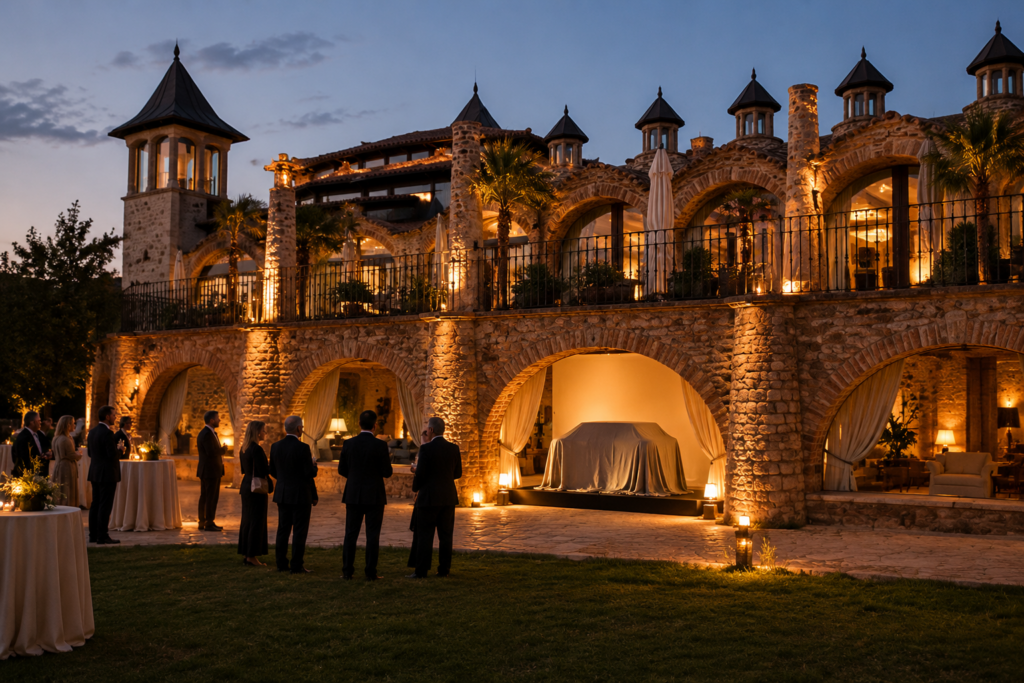 Invitados esperando frente a un producto cubierto con una tela e iluminado bajo un arco de piedra de la finca