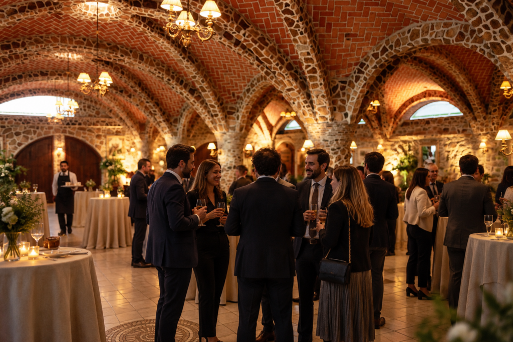 Grupo reducido de invitados conversando con copas durante la recepción de un evento privado en un salón abovedado de piedra