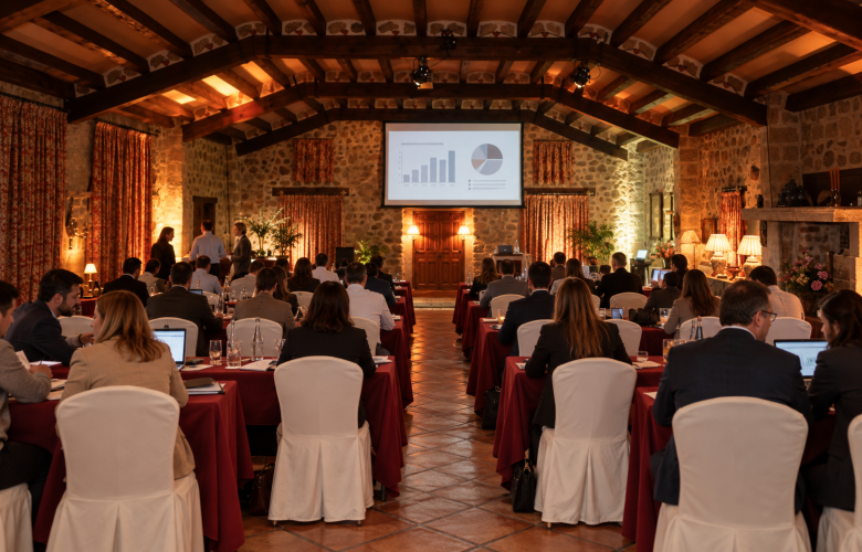 Grupo numeroso de profesionales en una jornada de trabajo con pantalla de datos en sala rústica